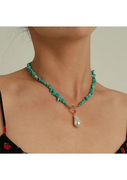 Turkuaz Doğal Kırık Taş Incili Tasarim Kolye
