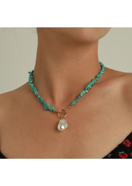 Turkuaz Doğal Kırık Taş Incili Tasarim Kolye fiyatları