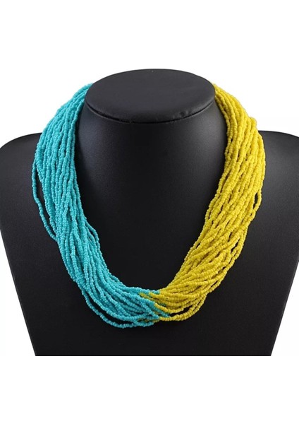 Turkuaz-Sarı Kum Boncuk Çoklu Tasarım Kolye