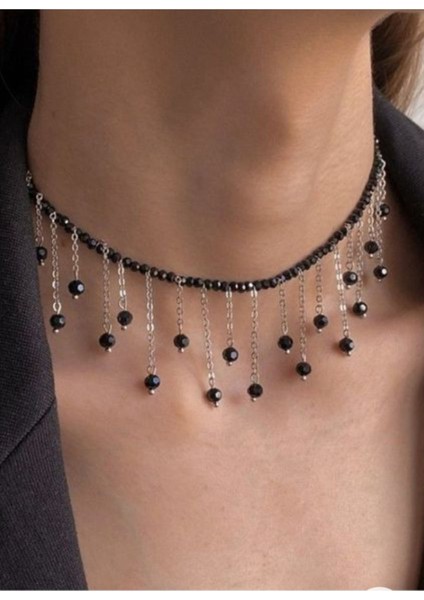 Siyah Kristal Zincirli Tasarım Kolye