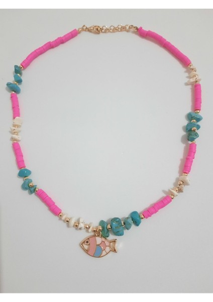 Pembe Fimo Mavi Mercan Taş Balikli Kolye