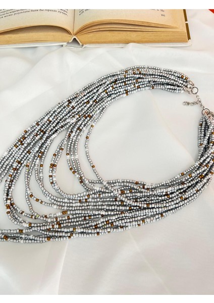 Kadın - Gri Çoklu Kum Boncuk Tarz Kolye fiyatları