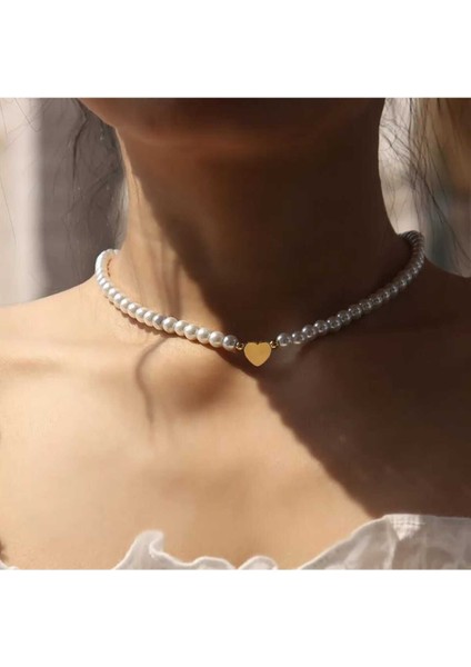 Incili Kalp Gold Kolye