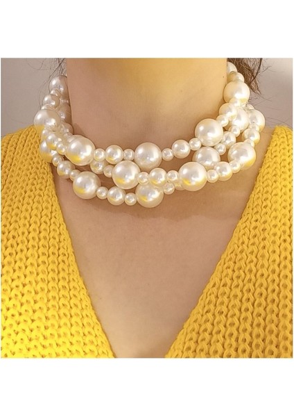 Krem Incili Çoklu Choker Kolye