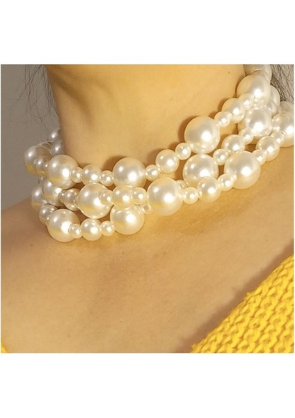 Krem Incili Çoklu Choker Kolye