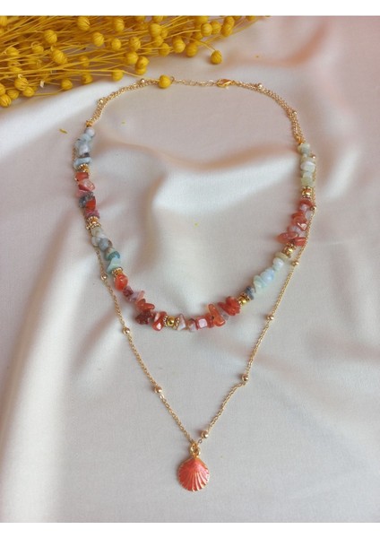 Mercan Kırık Taş 2'li Altın Renk Kaplama Zincir Turuncu Istiridye Deniz Kabuğu Kolye