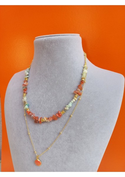 Mercan Kırık Taş 2'li Altın Renk Kaplama Zincir Turuncu Istiridye Deniz Kabuğu Kolye fiyatları