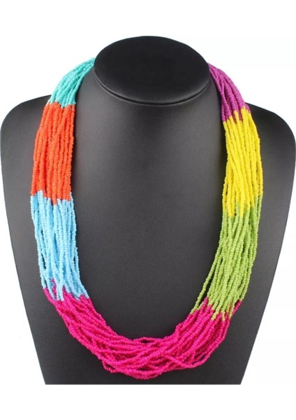 Renkli Kum Boncuklu Coklu Tasarım Kolye