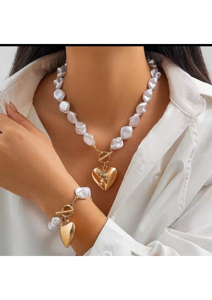 Kalp Detaylı Düzensiz Inçi Tasarım Kolye Bileklik fiyatları