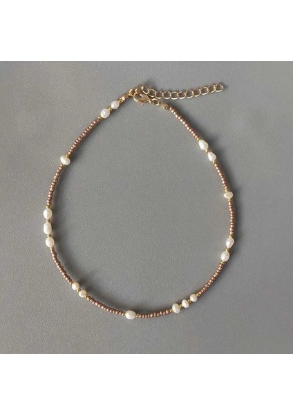 Gold Kahve Kum Boncuk Incili Kolye