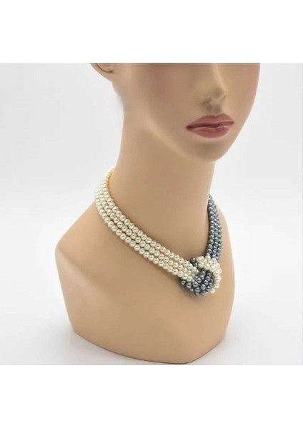 Krem Gri Düğüm Barok Inci Kolye