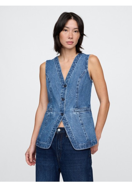 Kadın Mavi Longline Denim Yelek