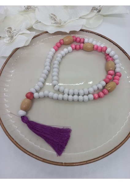Pembe Beyaz Ahşap Mor Püsküllü Uzun Tasarim Kolye
