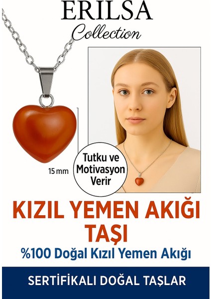 Sertifikalı Kalp Model Kızıl Yemen Akiği Kolye – Nazar ve Stresi Önleyen Doğal Taş