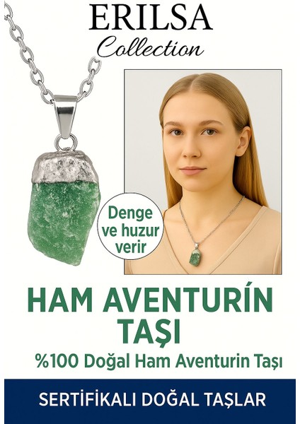 Sertifikalı Ham Işlenmemiş Aventurin Taşı Kolye – Şans, Bolluk ve Kalp Dengeleyici Doğal Taş