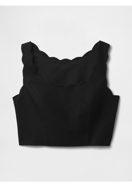 Kadın Siyah Keten Karışımlı Crop Askılı Bluz
