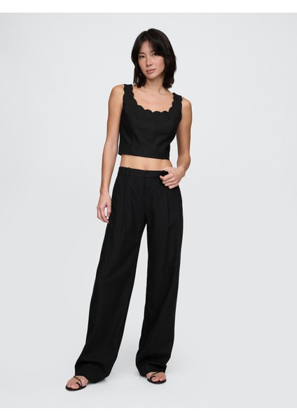 Kadın Siyah Keten Karışımlı Crop Askılı Bluz
