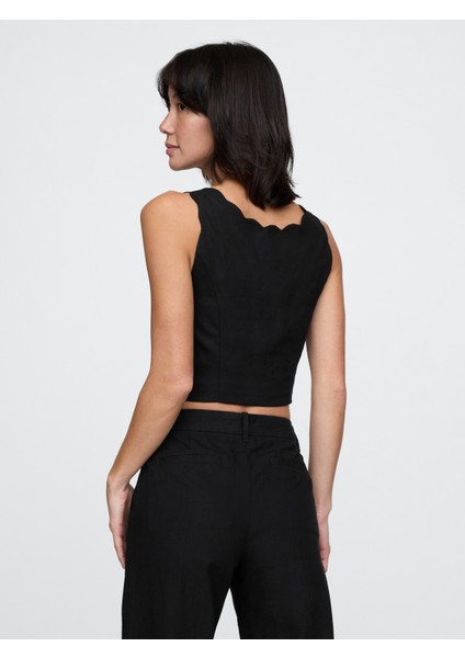 Kadın Siyah Keten Karışımlı Crop Askılı Bluz