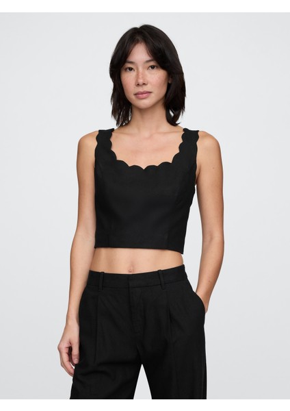 Kadın Siyah Keten Karışımlı Crop Askılı Bluz