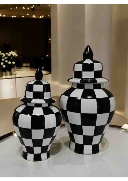 Lesay, Seramik, El Boyaması Dama Desenli, Dekoratif Şah Küp, Vazo