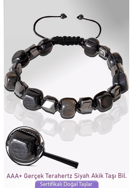 Sertifkalı Küp Model Siyah Akik Taşı Bileklik - Ayarlamalı