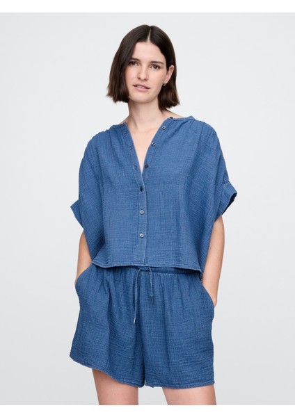 Kadın Mavi Crinkle Gauze Denim Gömlek