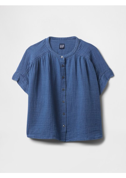 Kadın Mavi Crinkle Gauze Denim Gömlek