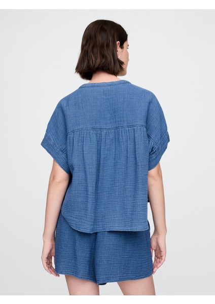 Kadın Mavi Crinkle Gauze Denim Gömlek