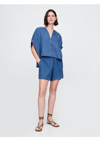 Kadın Mavi Crinkle Gauze Denim Gömlek