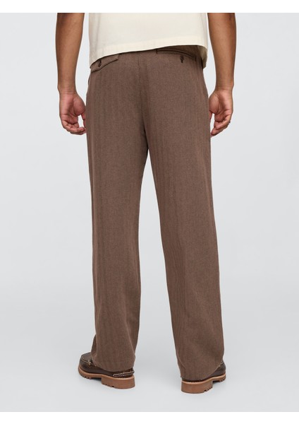 Erkek Kahverengi Keten Pamuk Karışımlı '90S Loose Pileli Khaki Pantolon fırsatları