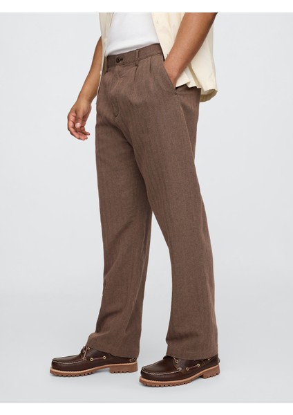 Erkek Kahverengi Keten Pamuk Karışımlı '90S Loose Pileli Khaki Pantolon indirimleri