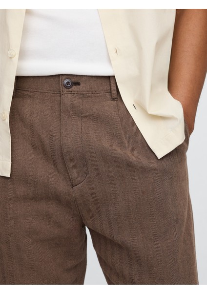 Erkek Kahverengi Keten Pamuk Karışımlı '90S Loose Pileli Khaki Pantolon