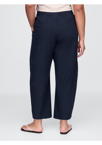 Kadın Lacivert Mid Rise Keten Karışımlı Barrel Pantolon