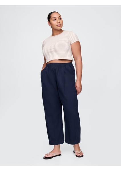 Kadın Lacivert Mid Rise Keten Karışımlı Barrel Pantolon