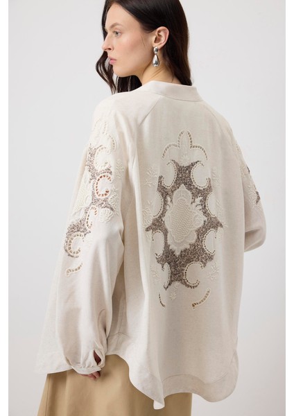 Payet Detaylı Keten Dokulu Kimono