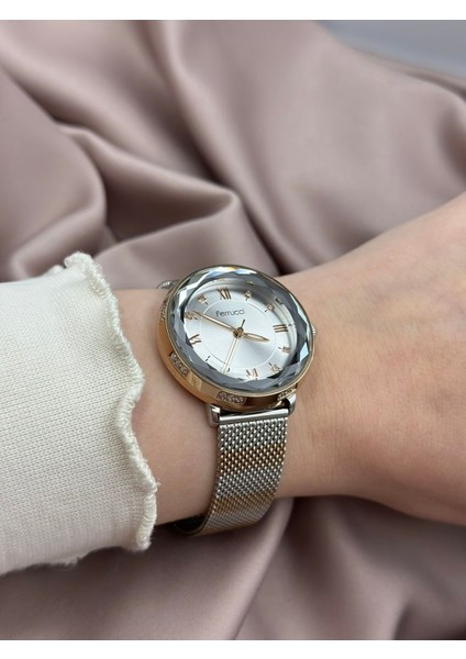 Kristal Kesim Camlı Çift Renk Gümüş ve Rose Gold Tek Taşlı Şık Tasarım Ferrucci Kadın Saati fiyatları