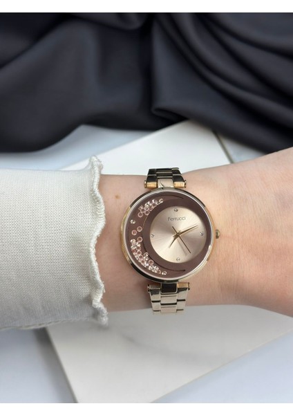 Rose Gold Taşlı Ay Tasarım Ferrucci Kadın Kol Saati