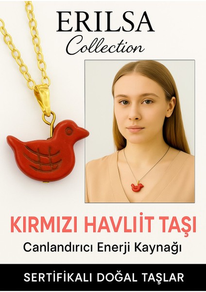 Sertifikalı Kuş Model Kırmızı Havlit Taşı Kolye – Enerji, Denge ve Ruhsal Güç Taşı