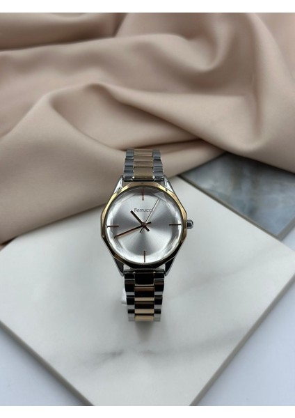 Çift Renk Gümüş-Rose Gold Kristal Cam Tasarım Ferrucci Kadın Kol Saati modelleri