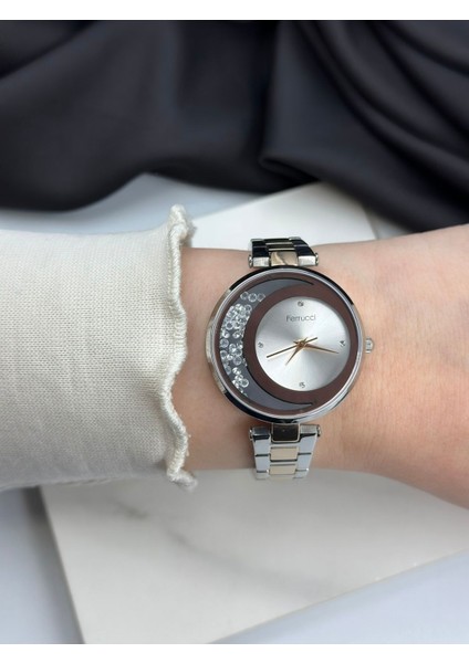 Çift Renk Gümüş-Rose Gold Taşlı Ay Tasarım Ferrucci Kadın Kol Saati