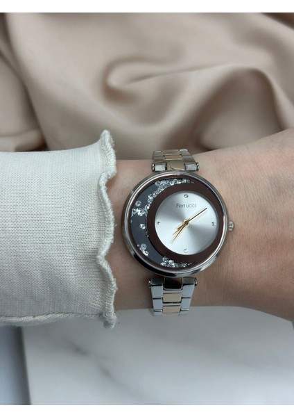 Çift Renk Gümüş-Rose Gold Taşlı Ay Tasarım Ferrucci Kadın Kol Saati fiyatları