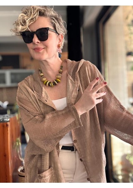 Kadın Oversize Çift Cepli Yıkamalı File Detay Pamuk Gömlek Ceket Kahverengi %100 Pamuk