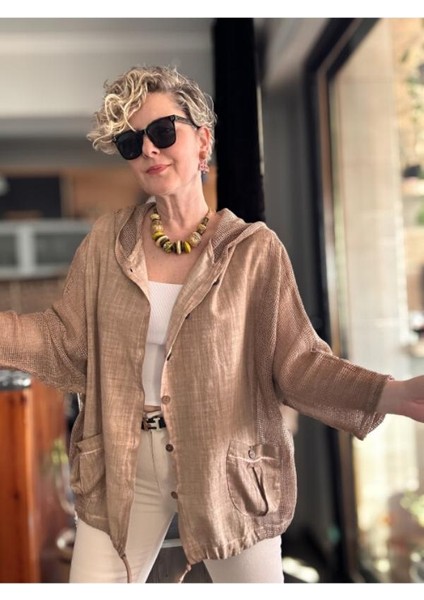 Kadın Oversize Çift Cepli Yıkamalı File Detay Pamuk Gömlek Ceket Kahverengi %100 Pamuk