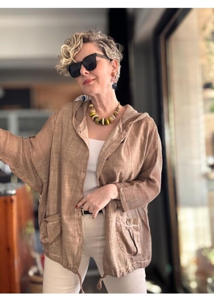 Kadın Oversize Çift Cepli Yıkamalı File Detay Pamuk Gömlek Ceket Kahverengi %100 Pamuk