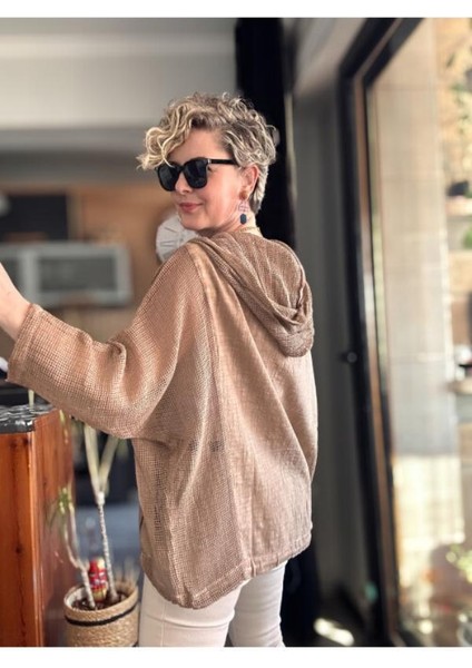 Kadın Oversize Çift Cepli Yıkamalı File Detay Pamuk Gömlek Ceket Kahverengi %100 Pamuk