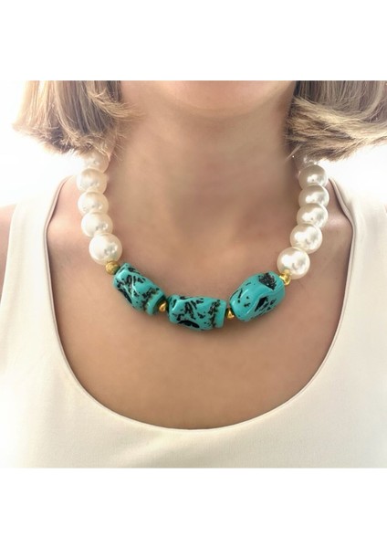 Krem Inci Turkuaz Düzensiz Inci Özel Tasarim Kolye