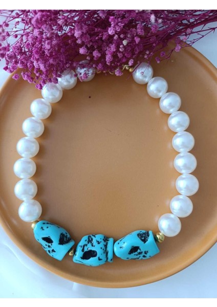 Krem Inci Turkuaz Düzensiz Inci Özel Tasarim Kolye fiyatları