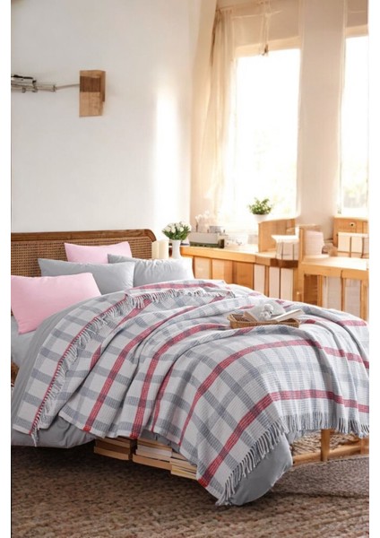 Battaniye Pamuklu Çift Kişilik Nordic Cozy Gri-Kırmızı