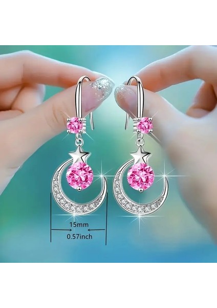 Parlak Taşlı Ay ve Yıldız Temalı Sallanan Küpe