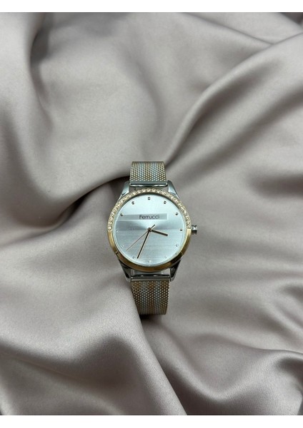 Çift Renk Gümüş ve Rose Gold Hasır Kordon Yarım Sıra Taşlı Ferrucci Kadın Saati fırsatları